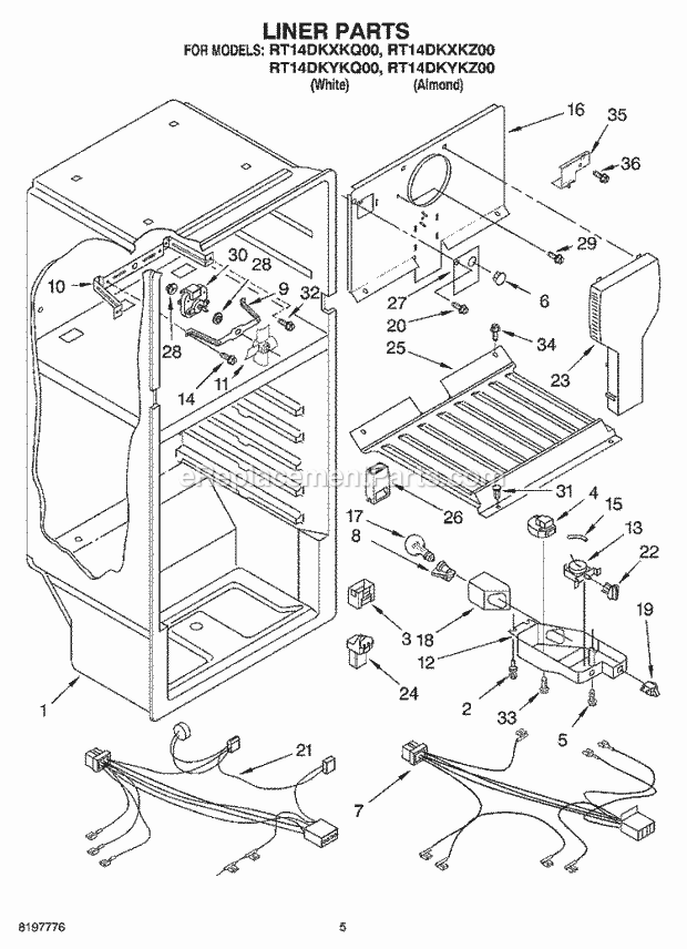 Roper RT14DKXKQ00 Top Freezer Refrigerator Liner Diagram