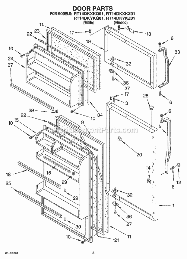 Roper RT14DKXKQ01 Top Freezer Top-Mount Refrigerator Door Diagram