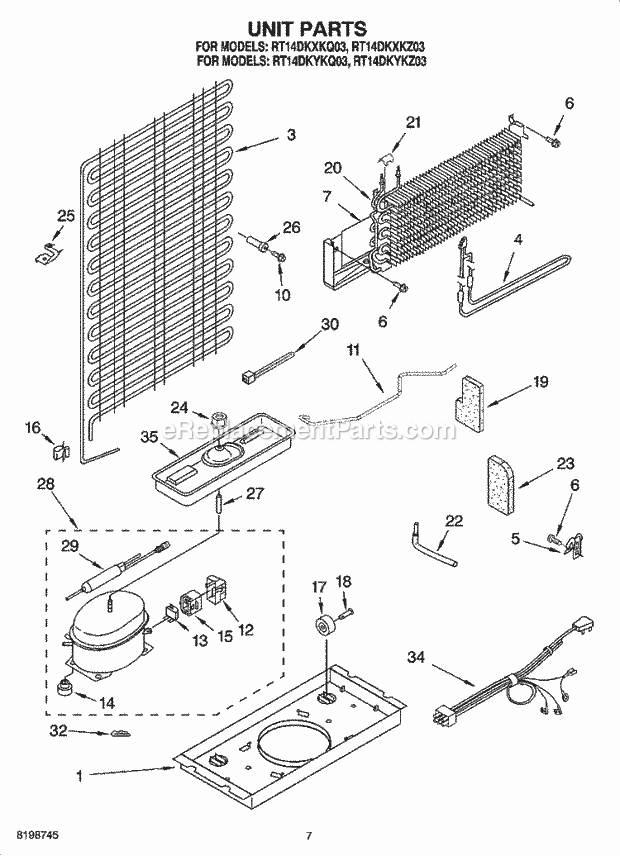 Roper RT14DKXKQ03 Top Freezer Top-Mount Refrigerator Unit Parts Diagram