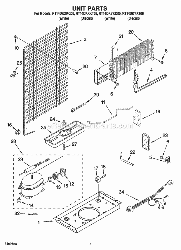 Roper RT14DKXKQ05 Top Freezer Top-Mount Refrigerator Unit Parts Diagram