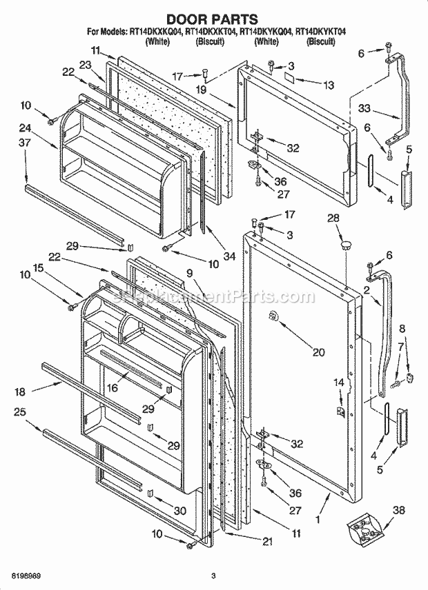 Roper RT14DKXKT04 Top Freezer Top-Mount Refrigerator Door Parts Diagram