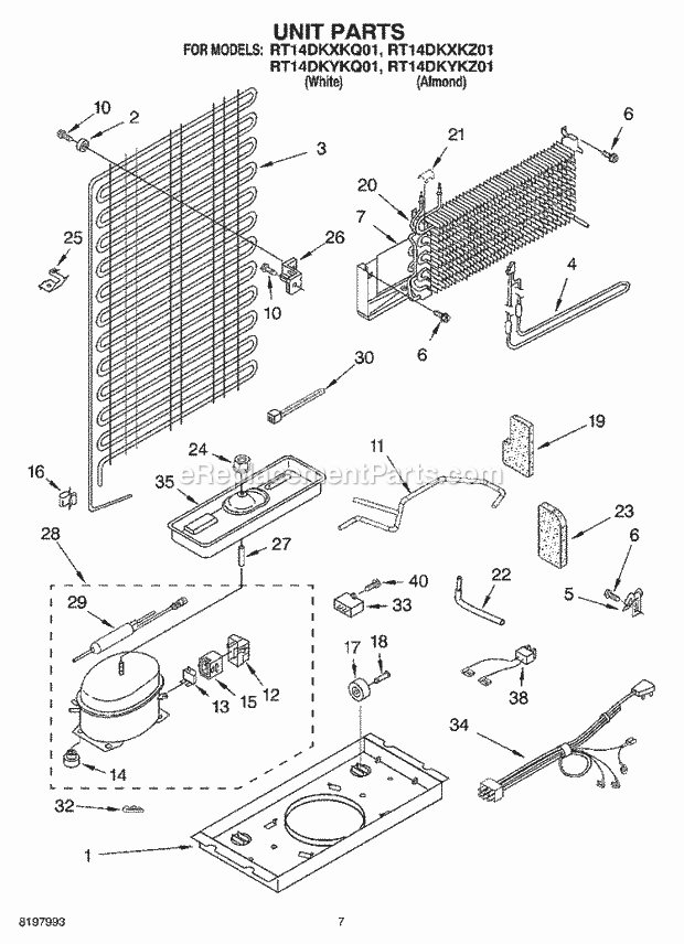 Roper RT14DKXKZ01 Top Freezer Top-Mount Refrigerator Unit Diagram