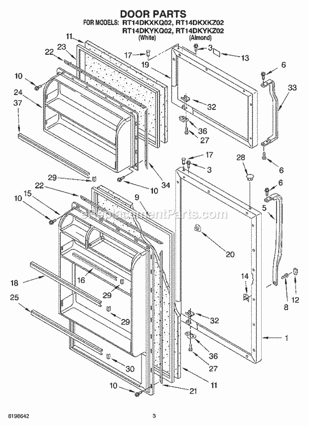 Roper RT14DKXKZ02 Top Freezer Top-Mount Refrigerator Door Parts Diagram