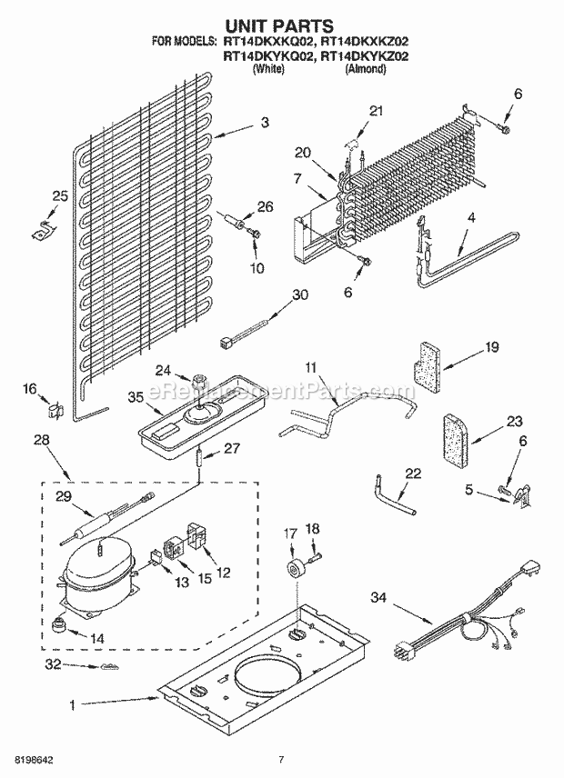 Roper RT14DKXKZ02 Top Freezer Top-Mount Refrigerator Unit Parts Diagram