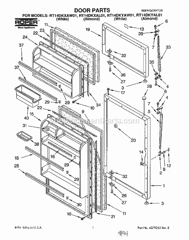 Roper RT14DKYAW01 Top Freezer Refrigerator Door Diagram