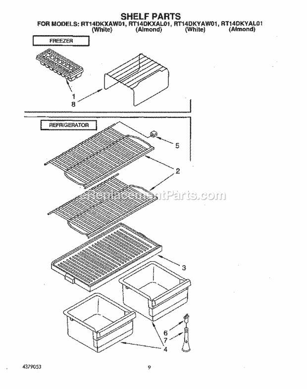 Roper RT14DKYAW01 Top Freezer Refrigerator Shelf Diagram