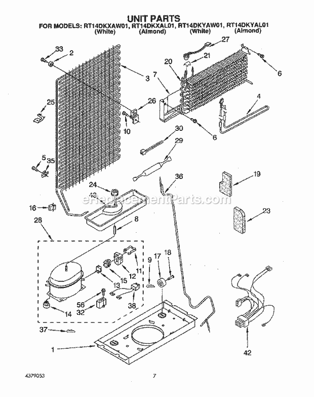 Roper RT14DKYAW01 Top Freezer Refrigerator Unit Diagram