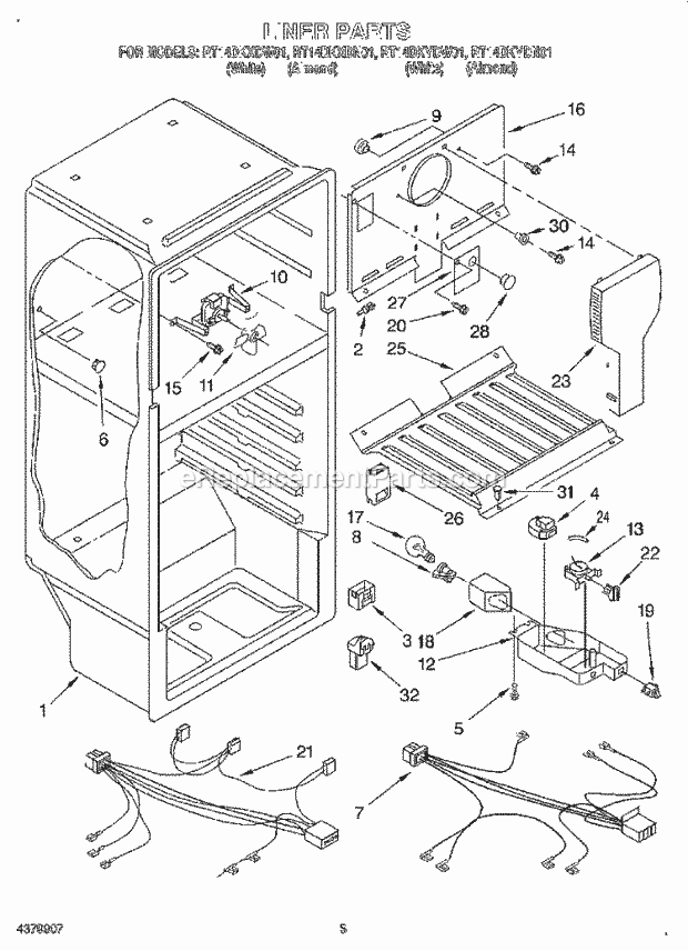 Roper RT14DKYDN01 Top Freezer Refrigerator Liner, Lit/Optional Diagram