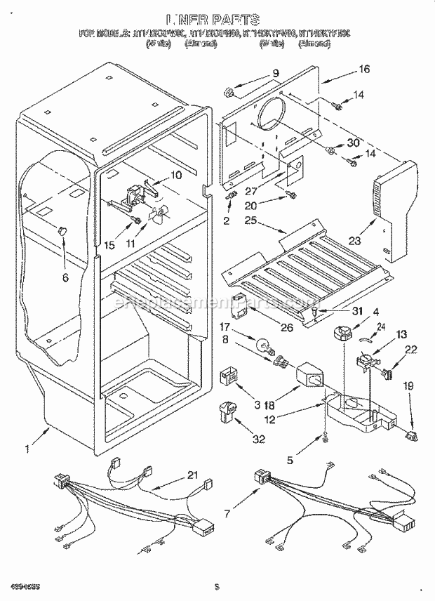 Roper RT14DKYFW00 Top Freezer Refrigerator Liner, Lit/Optional Diagram