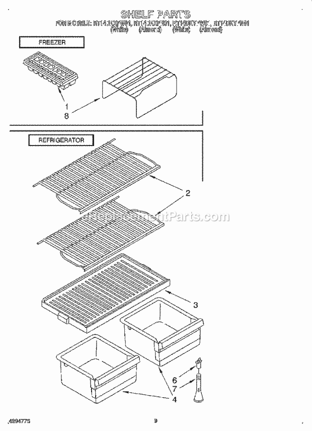 Roper RT14DKYFW01 Top Freezer Refrigerator Shelf Diagram