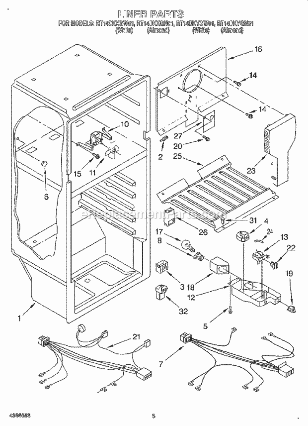 Roper RT14DKYGN01 Top Freezer Refrigerator Liner, Lit/Optional Diagram