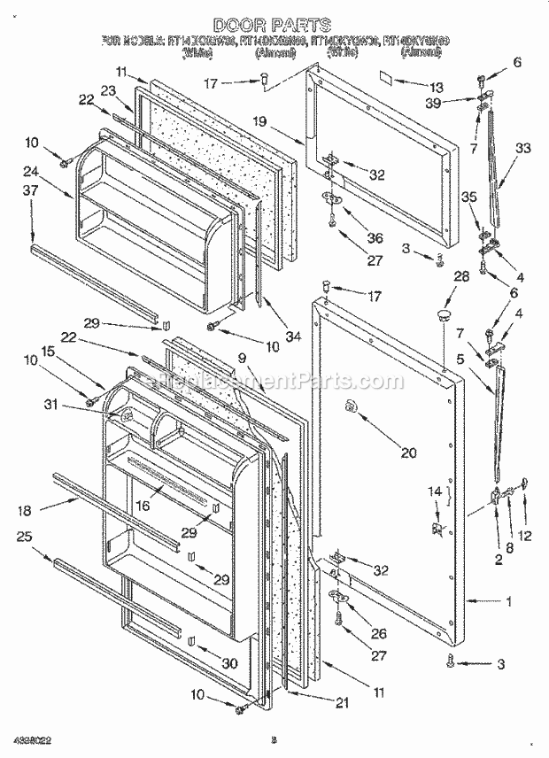 Roper RT14DKYGW00 Top Freezer Refrigerator Door Diagram