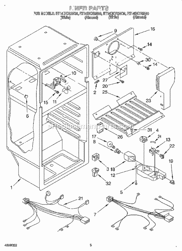 Roper RT14DKYGW00 Top Freezer Refrigerator Liner, Lit/Optional Diagram