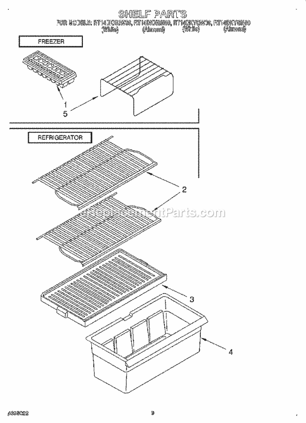 Roper RT14DKYGW00 Top Freezer Refrigerator Shelf Diagram