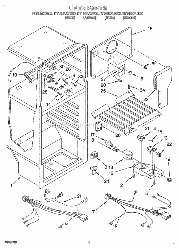 Roper RT14DKYJW00 Top Freezer Refrigerator Liner Diagram