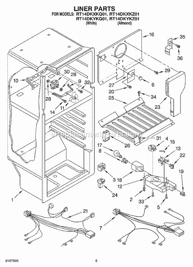 Roper RT14DKYKQ01 Top Freezer Top-Mount Refrigerator Liner Diagram