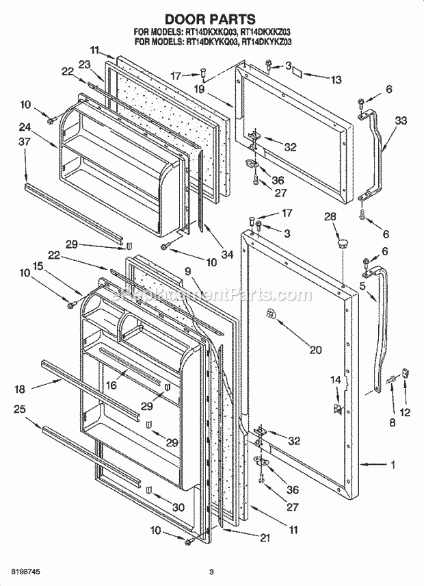 Roper RT14DKYKQ03 Top Freezer Top-Mount Refrigerator Door Parts Diagram