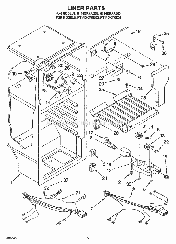 Roper RT14DKYKQ03 Top Freezer Top-Mount Refrigerator Liner Parts Diagram