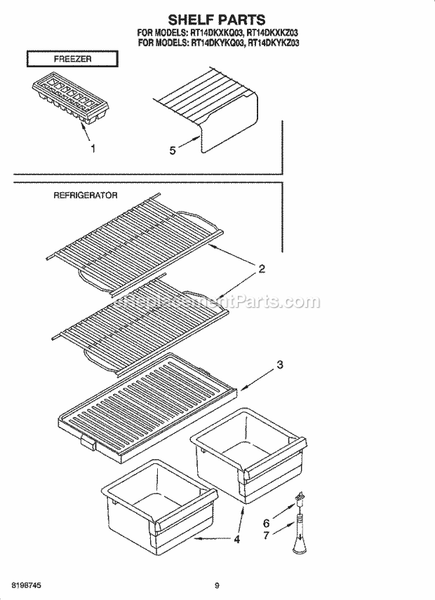 Roper RT14DKYKQ03 Top Freezer Top-Mount Refrigerator Shelf Parts, Optional Parts Diagram