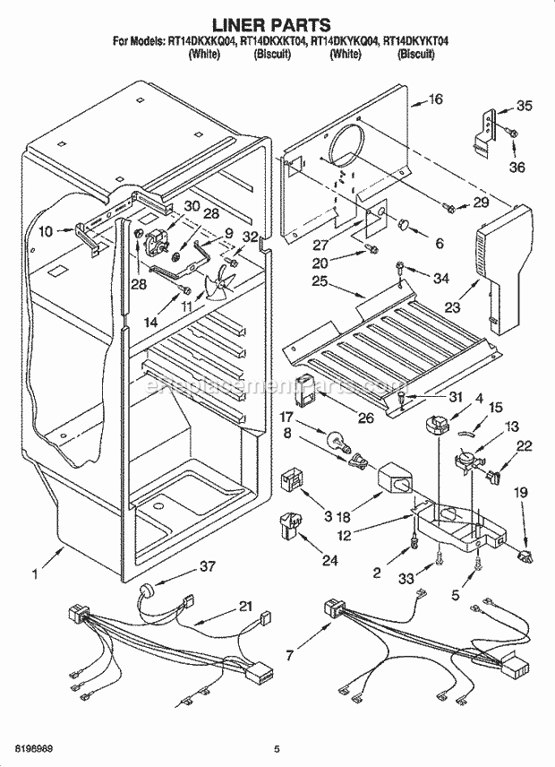 Roper RT14DKYKQ04 Top Freezer Top-Mount Refrigerator Liner Parts Diagram