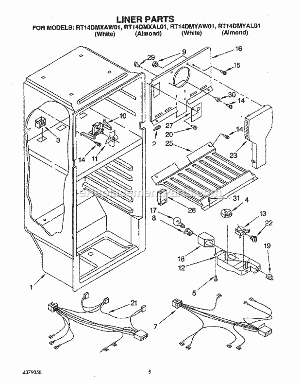 Roper RT14DMXAW01 Top Freezer Refrigerator Liner, Lit/Optional Diagram