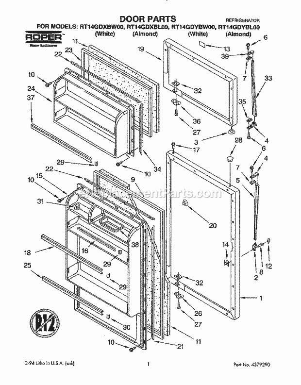 Roper RT14GDXBL00 Top Freezer Refrigerator Door Diagram