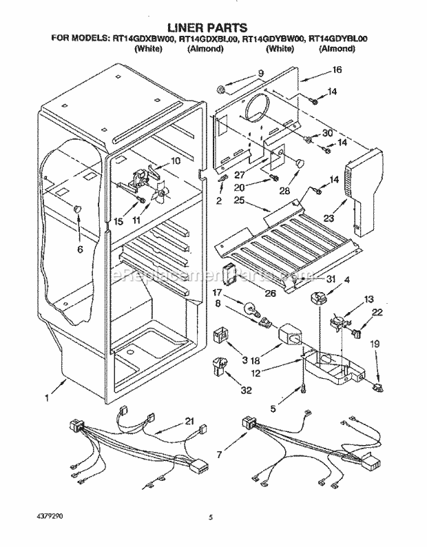 Roper RT14GDXBW00 Top Freezer Refrigerator Liner, Lit/Optional Diagram