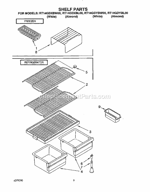 Roper RT14GDXBW00 Top Freezer Refrigerator Shelf Diagram