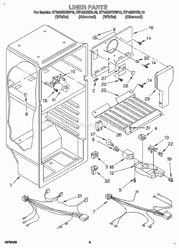 Roper RT14GDXBW10 Top Freezer Refrigerator Liner, Lit\optional Diagram