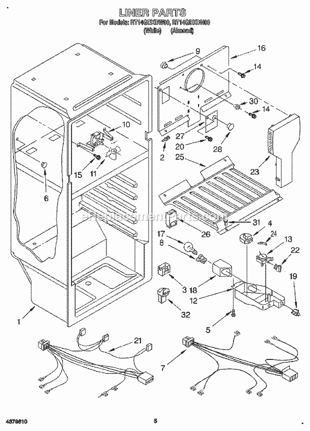 Roper RT14GDXDW00 Top Freezer Refrigerator Liner, Lit/Optional Diagram