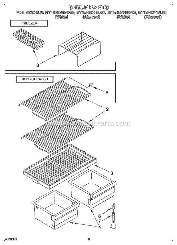 Roper RT14HDXBW00 Top Freezer Refrigerator Shelf Diagram