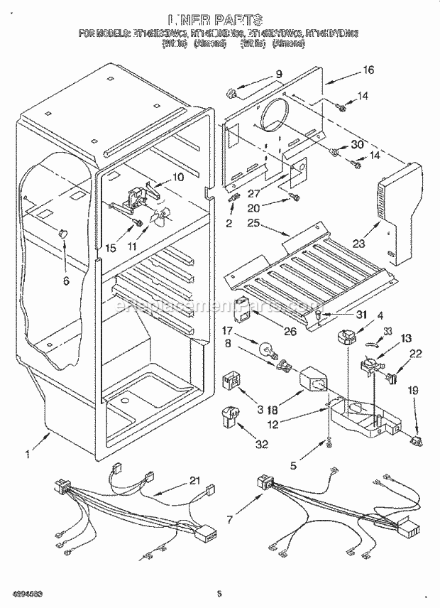 Roper RT14HDXDW03 Top Freezer Kitchen Refrigerators Liner, Lit/Optional Diagram