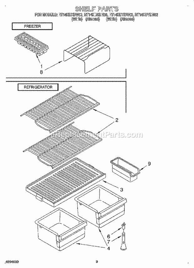 Roper RT14HDXDW03 Top Freezer Kitchen Refrigerators Shelf Diagram