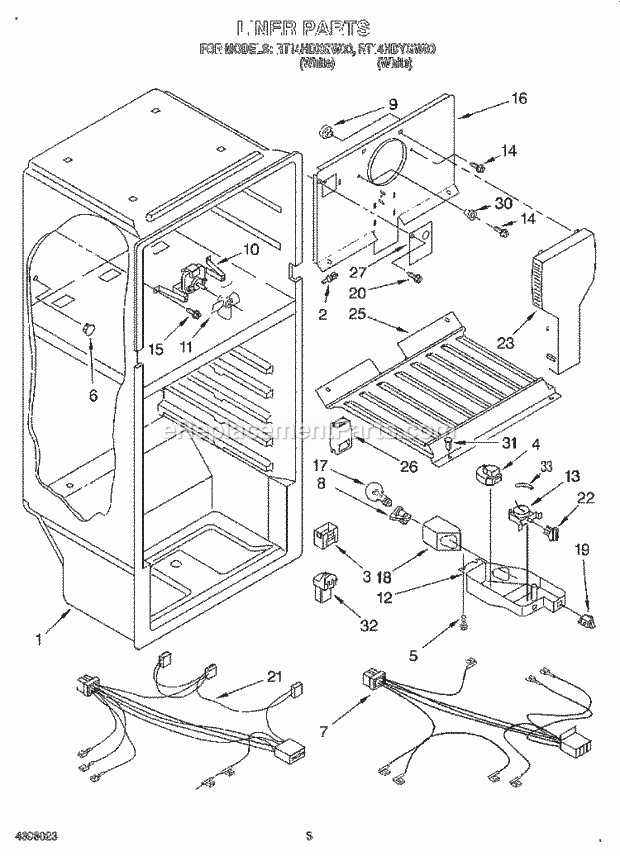 Roper RT14HDXGW00 Top Freezer Refrigerator Liner, Lit/Optional Diagram