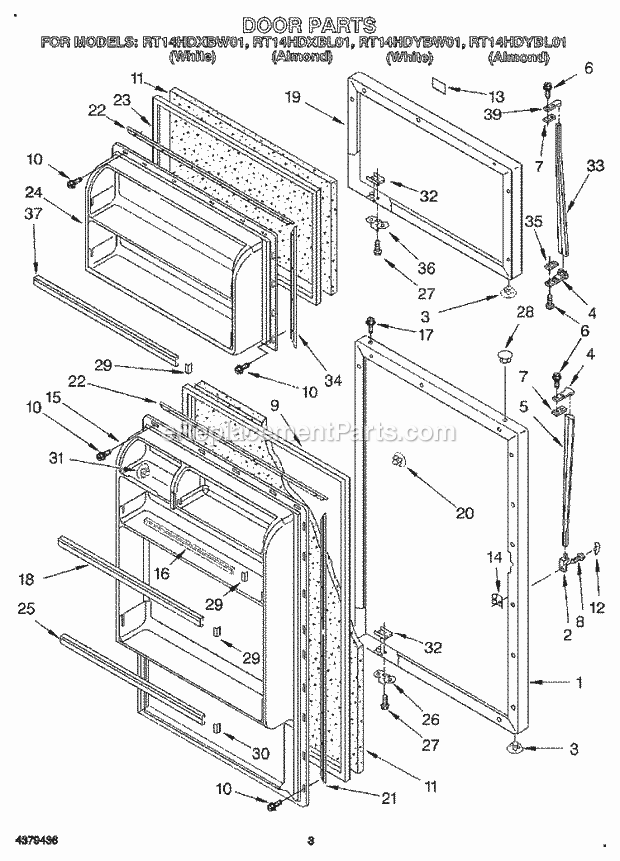 Roper RT14HDYBL01 Top Freezer Refrigerator Door Diagram