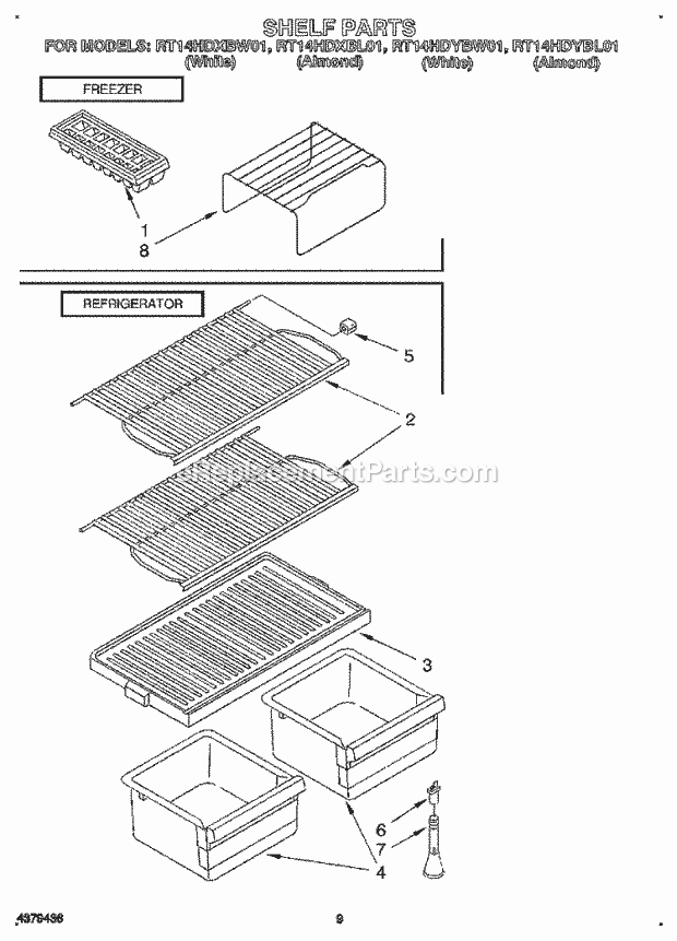 Roper RT14HDYBW01 Top Freezer Refrigerator Shelf Diagram