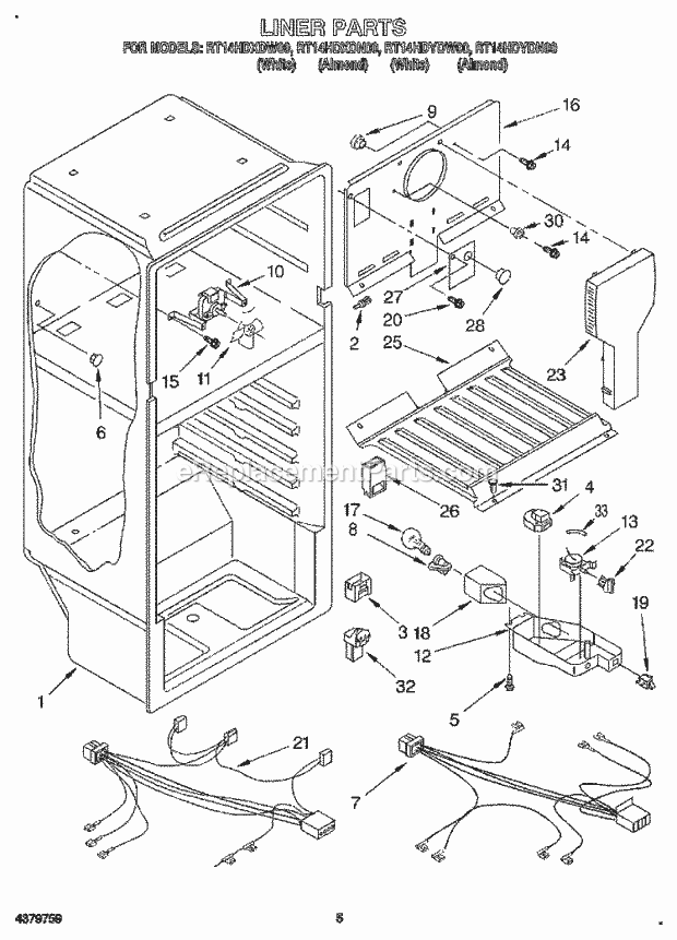 Roper RT14HDYDW00 Top Freezer Refrigerator Liner, Lit/Optional Diagram