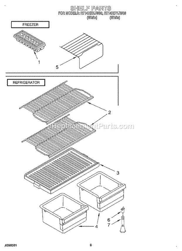 Roper RT14HDYJW00 Top Freezer Top-Mount Refrigerator Shelf Diagram