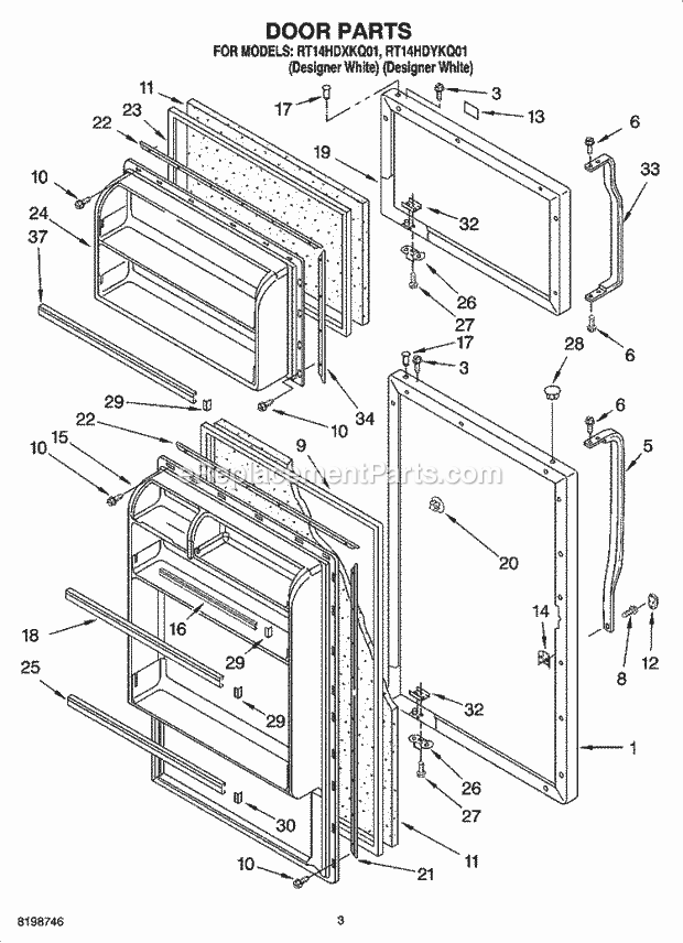 Roper RT14HDYKQ01 Top Freezer Top-Mount Refrigerator Door Parts Diagram