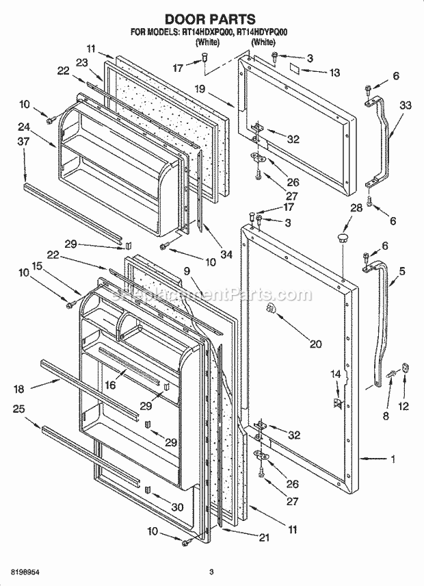 Roper RT14HDYPQ00 Top Freezer Top-Mount Refrigerator Door Parts Diagram