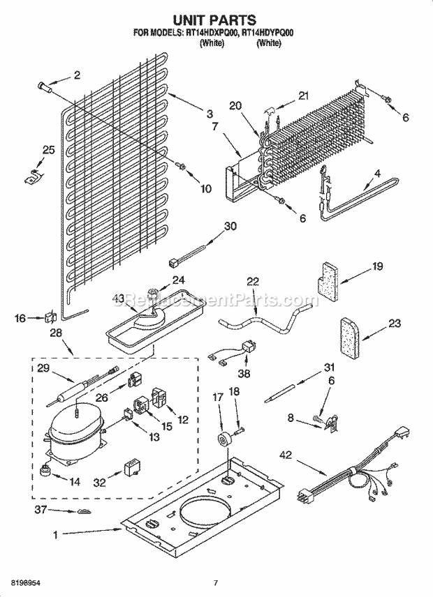 Roper RT14HDYPQ00 Top Freezer Top-Mount Refrigerator Unit Parts Diagram