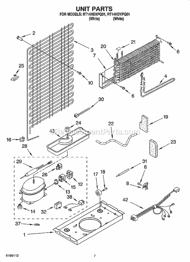 Roper RT14HDYPQ01 Top Freezer Top-Mount Refrigerator Unit Parts Diagram