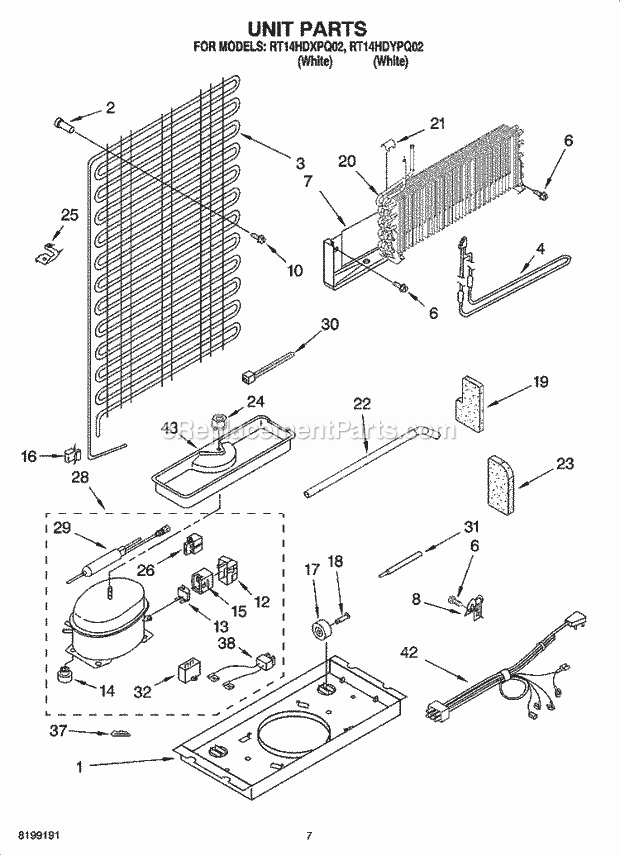 Roper RT14HDYPQ02 Top Freezer Top-Mount Refrigerator Unit Parts Diagram