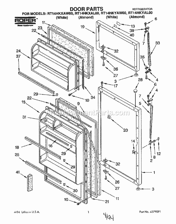 Roper RT14HKYAW00 Top Freezer Refrigerator Door Diagram