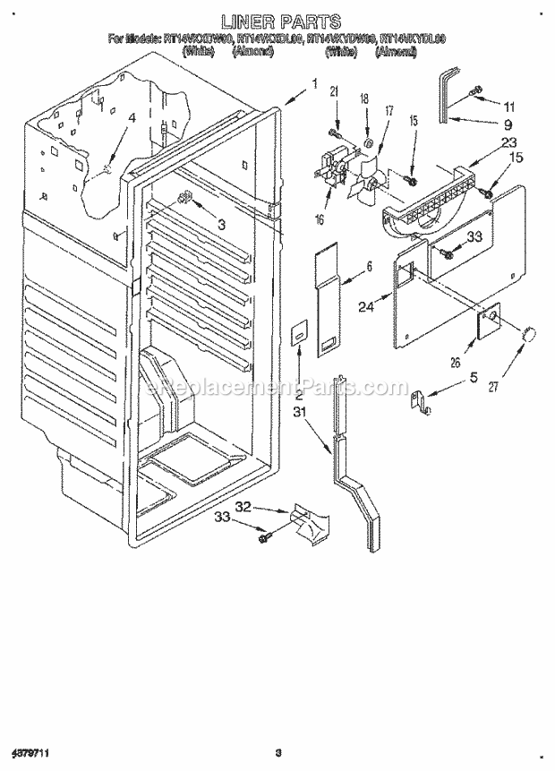 Roper RT14VKXDL00 Top Freezer Refrigerator Liner Diagram