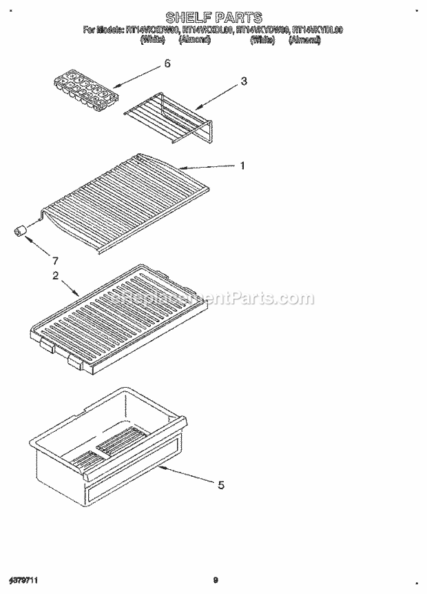 Roper RT14VKXDW00 Top Freezer Refrigerator Shelf Diagram