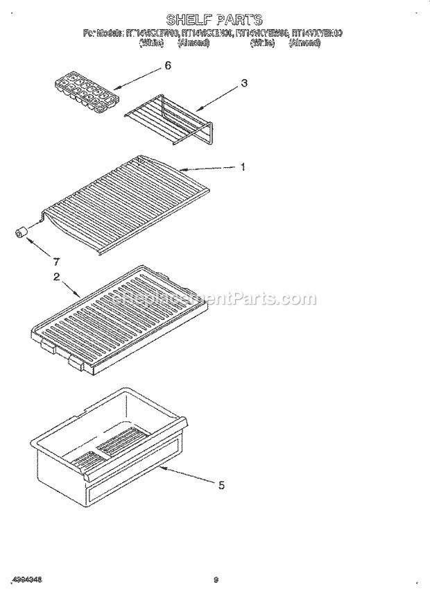 Roper RT14VKXEW00 Top Freezer Top Mount Refrigerator Shelf Diagram