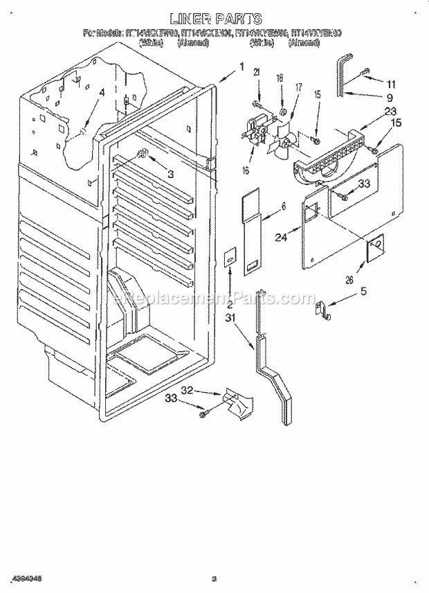 Roper RT14VKYEN00 Top Freezer Top Mount Refrigerator Liner Diagram