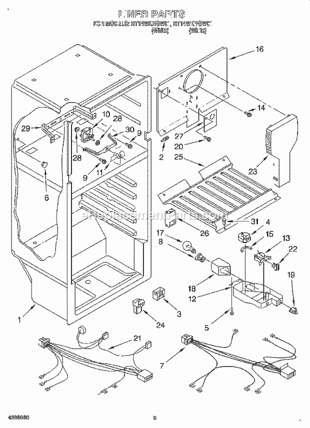 Roper RT14WKYGW01 Top Freezer Refrigerator Liner, Lit/Optional Diagram