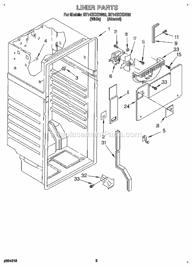 Roper RT14ZKXDN02 Top Freezer Refrigerator Liner Diagram